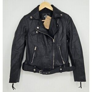 NWT Real Leather Brand Genuine Black Motorcycle Moto Biker Jacket Womens S